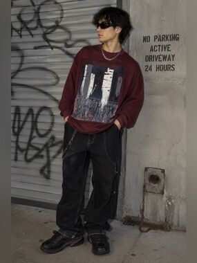 Men's Crewneck Sweater in Deep Burgundy with Abstract Front Panel